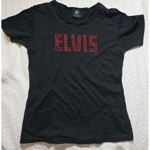 VINTAGE Elvis Presley Shirt Womens L Black Band Singer Graphic Y2K Rhinstones